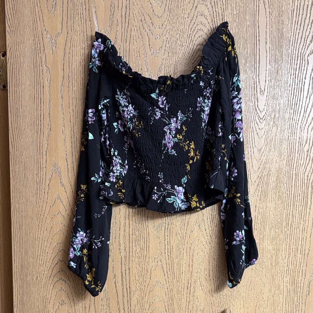 Elegant Black Floral Smocked Blouse